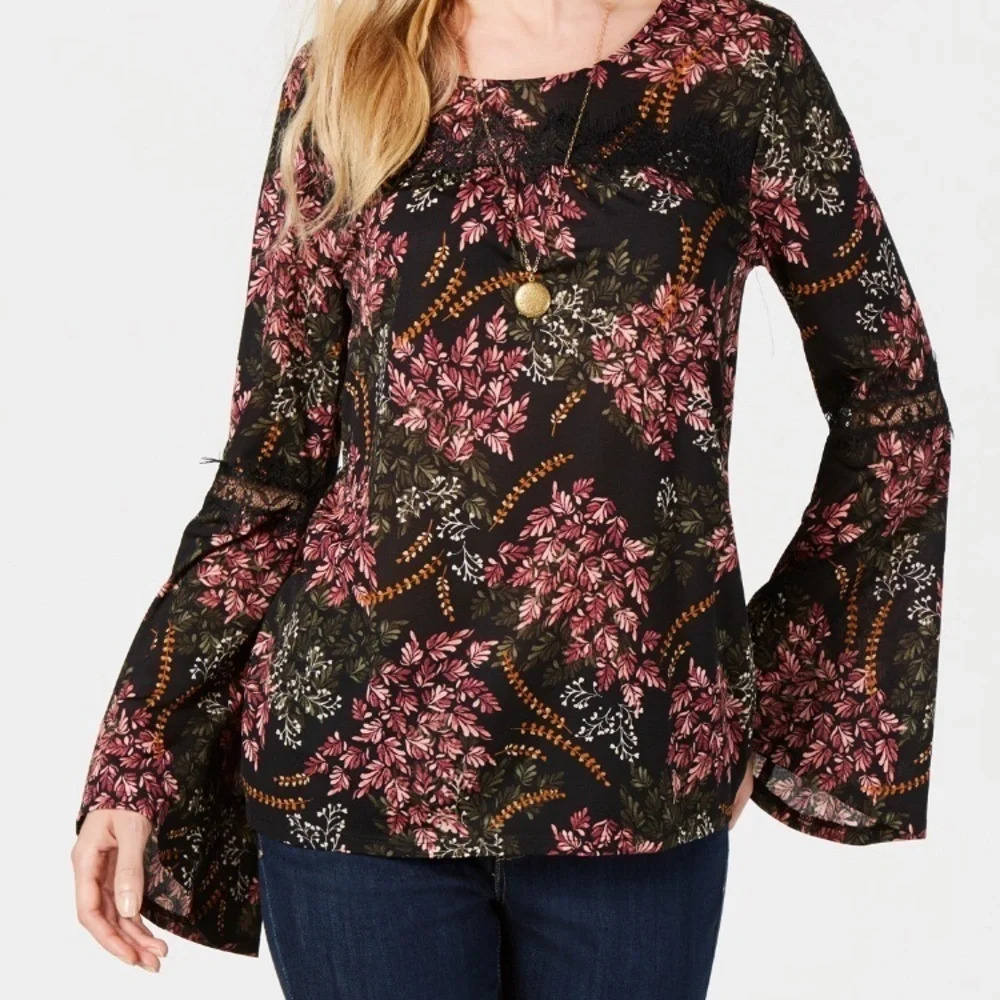 Style & Co NWOT Women’s XL Long Bell‎ Sleeve Nylon Print Semi Sheer Tunic Top